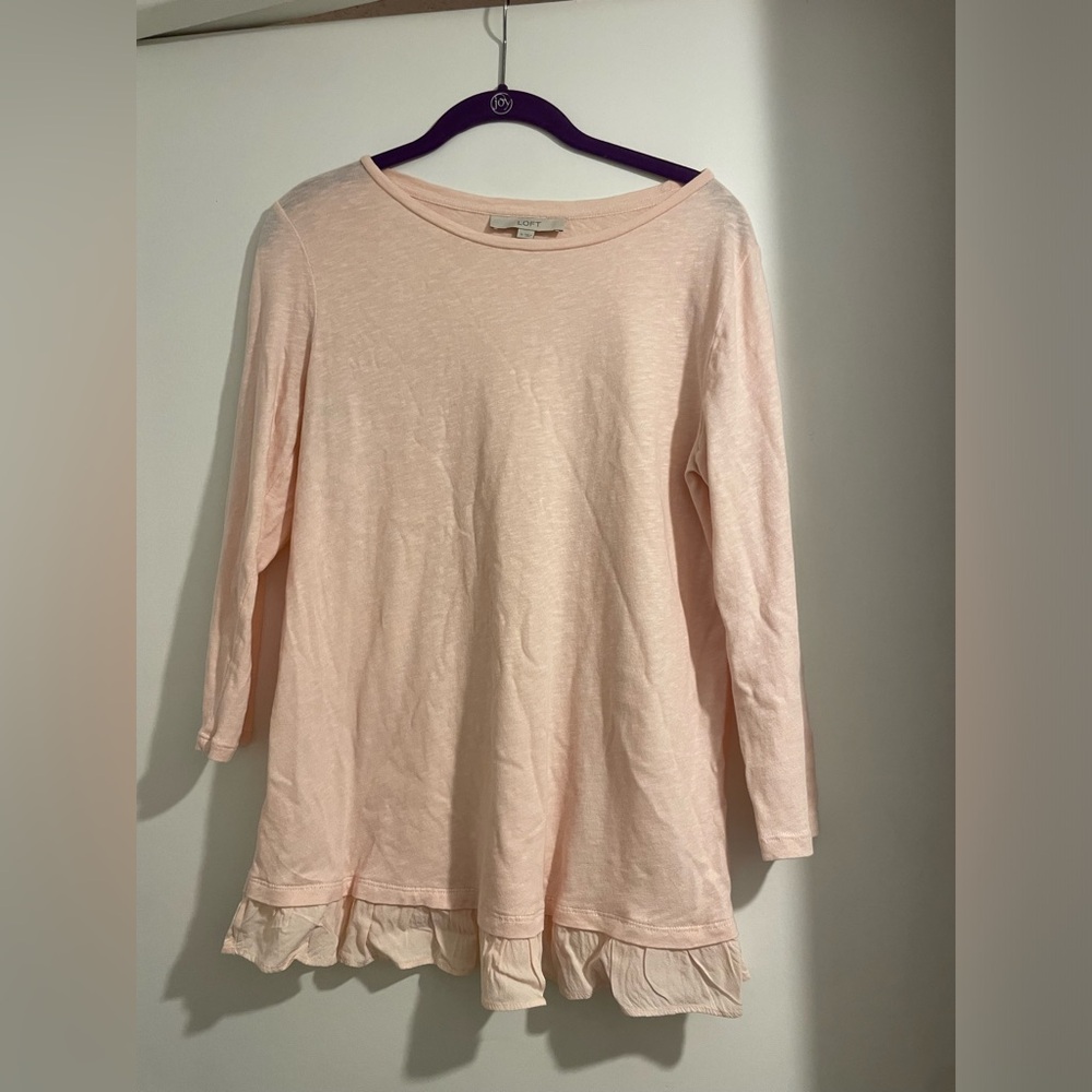 LOFT Light Pink Long Sleeve Top with Ruffle Hem